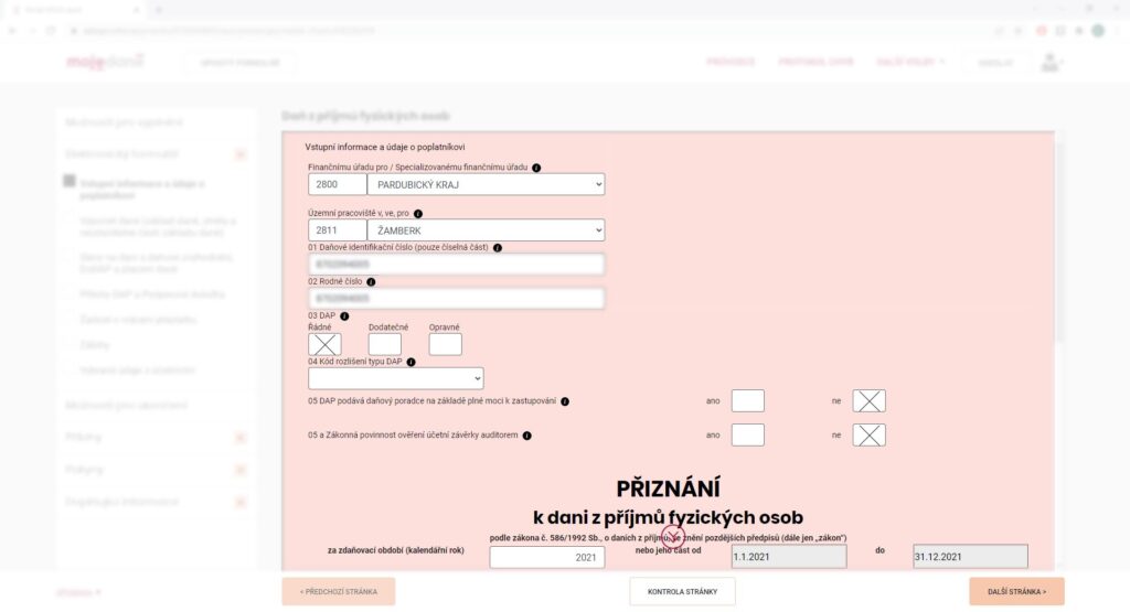 Daňové přiznání online - první strana