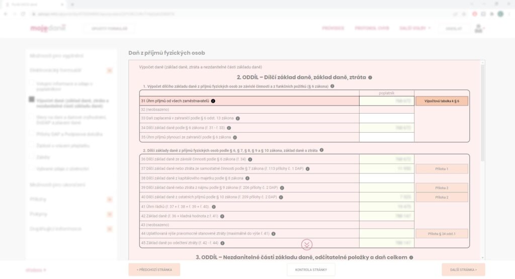 Daňové přiznání online - druhá strana - Výpočtová tabulka