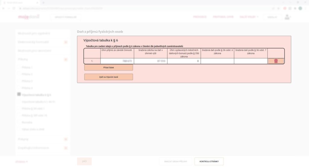 Daňové přiznání online - Výpočtová tabulka