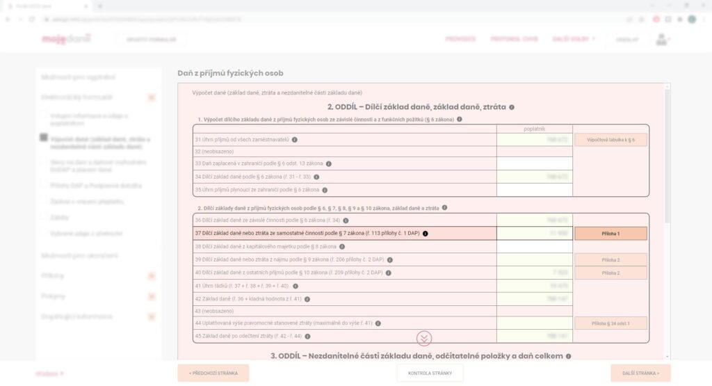 Daňové přiznání online - druhá strana - Příloha 1