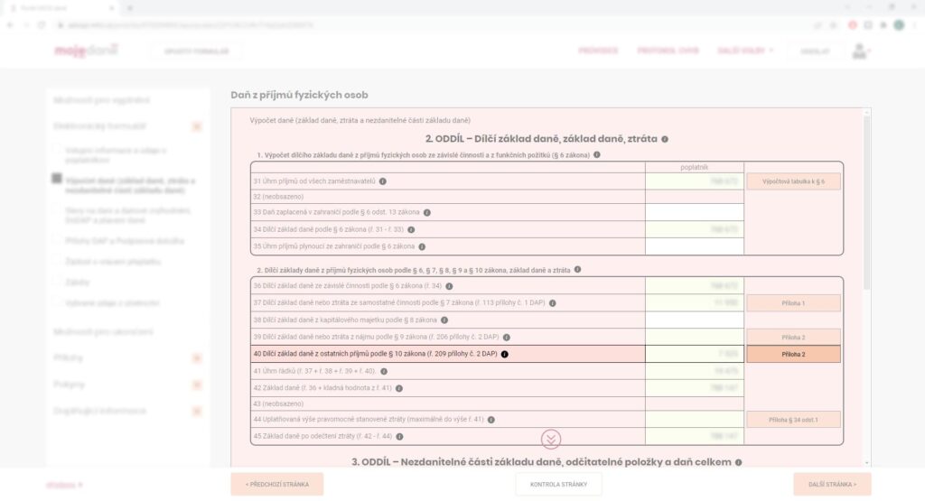 Daňové přiznání online - druhá strana - Příloha 2