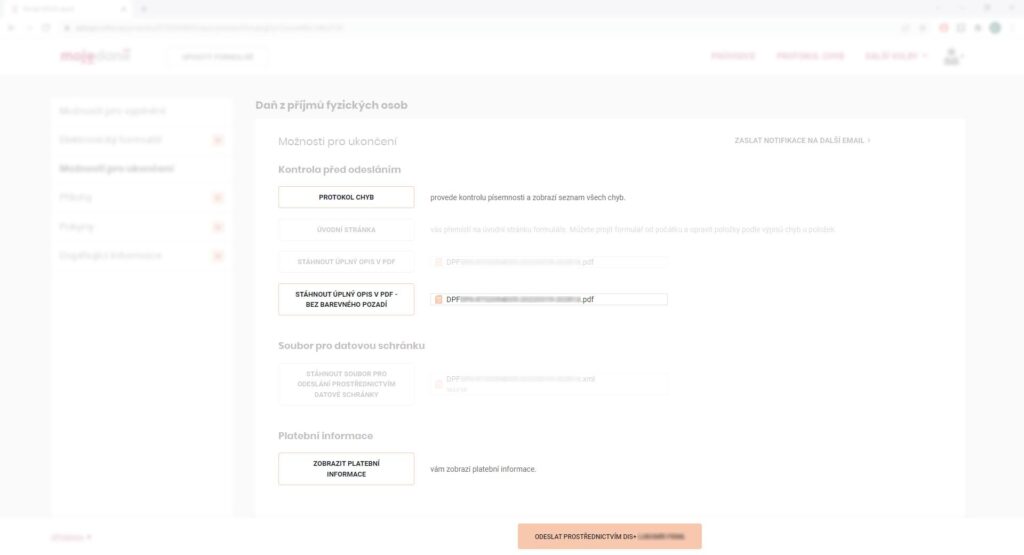 Daňové přiznání online - Odevzdání